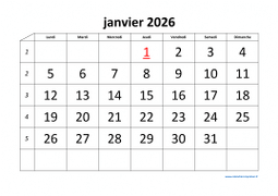 calendrier janvier 2026
